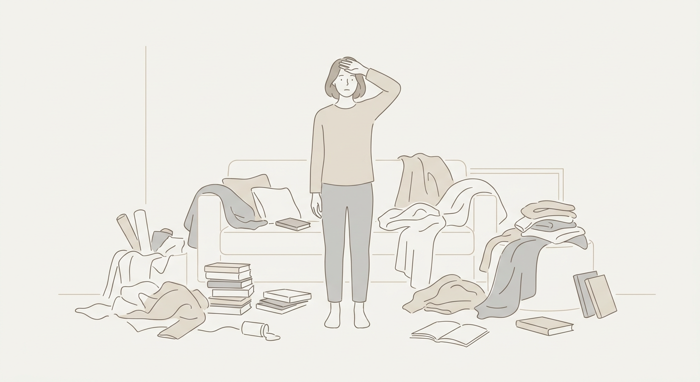 散らかった部屋を前に困っている人のイメージ