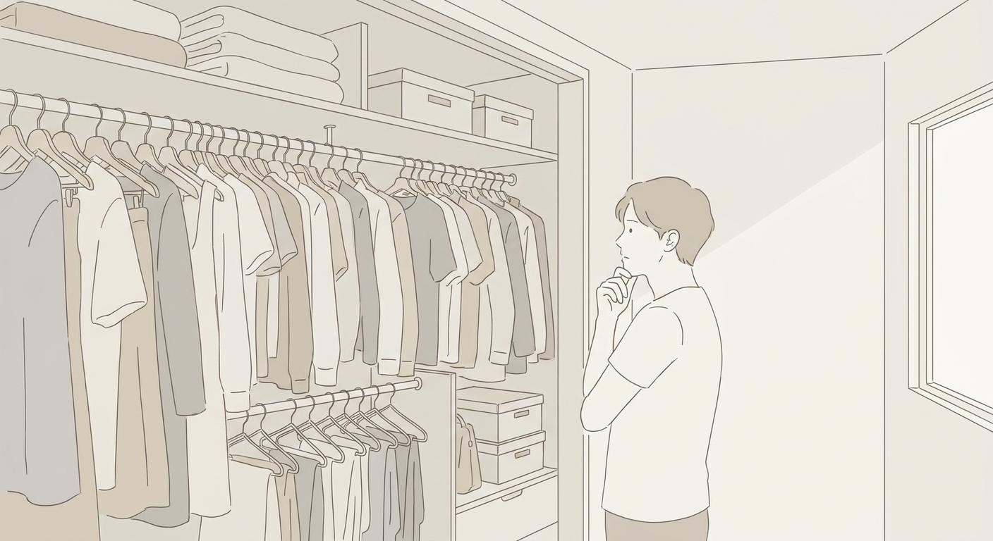 服でいっぱいのクローゼットを前に悩む様子のイメージ