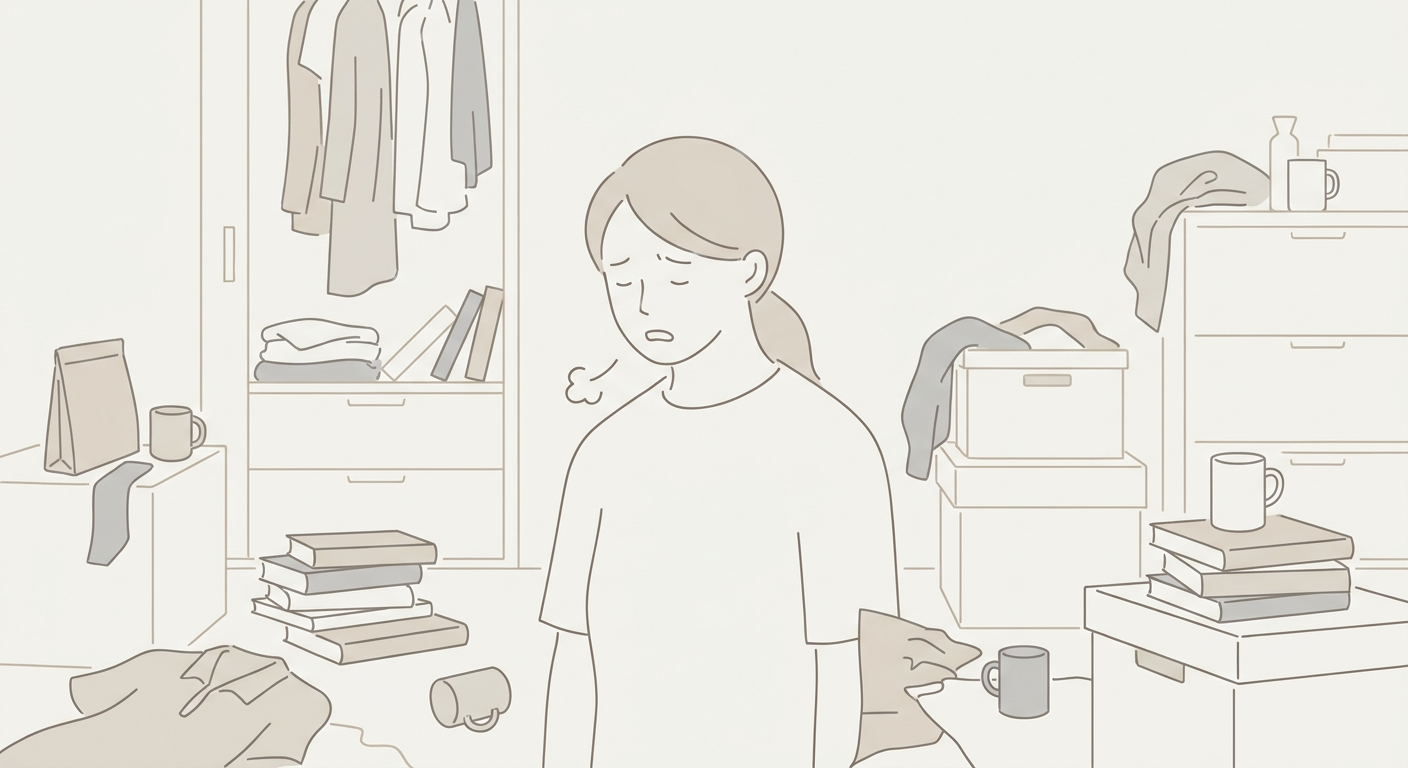 散らかった部屋を前にため息をつく人の、ナチュラルライン風イラスト