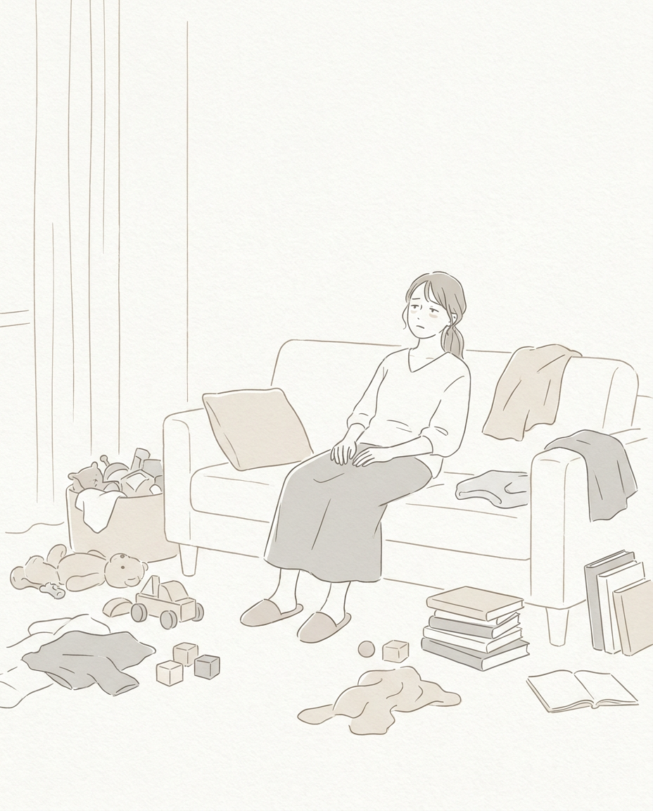 散らかったリビングを前に少し疲れた表情の主婦のイメージ（ナチュラルライン風、ニュートラルトーン）