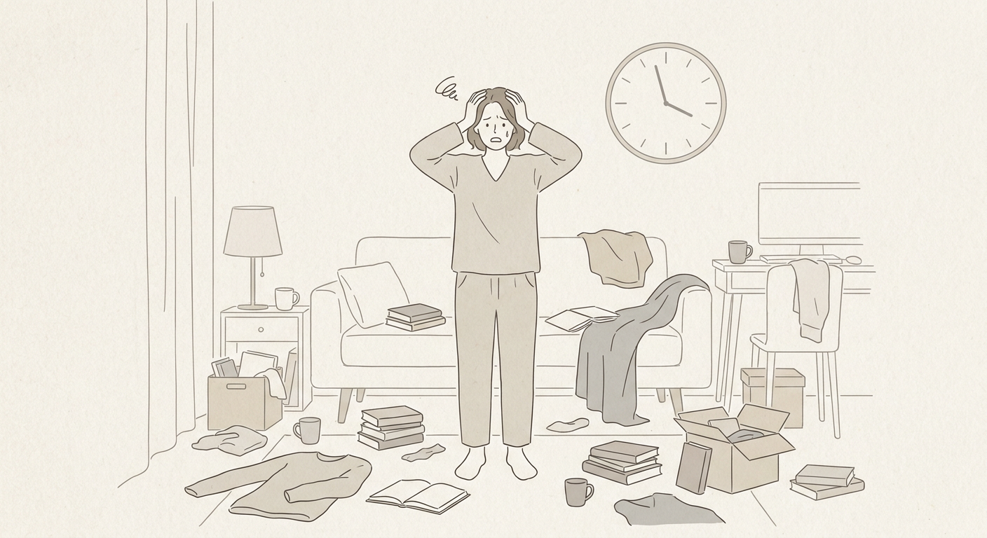 散らかった部屋を前に時間がなくて困っている人のイメージ（ナチュラルライン＋ニュートラルトーン）