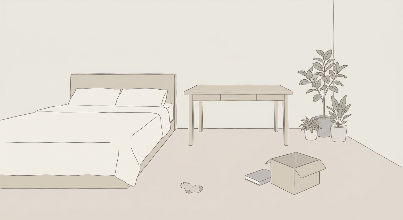 片付けてもまた散らかってしまう部屋のイメージ(イラスト)