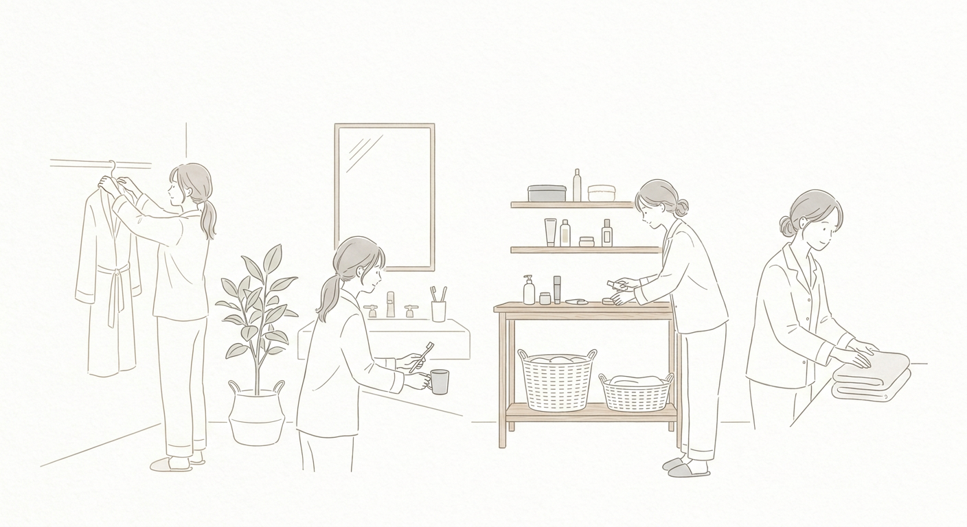 朝の身支度中にさっと片付けをする様子のイメージ