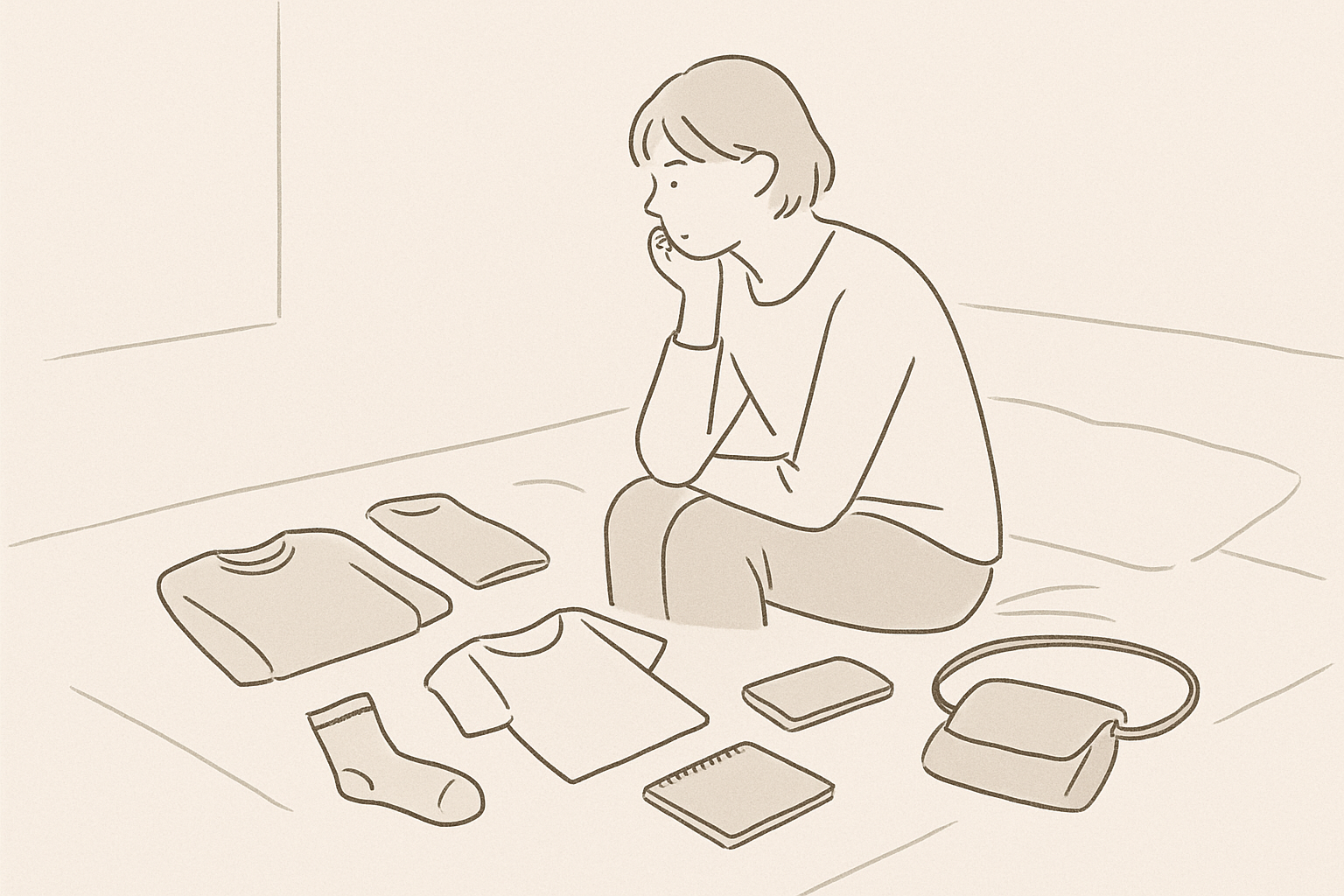 床に広げた服やモノを前に、捨てるか迷って手が止まっている人のイメージ