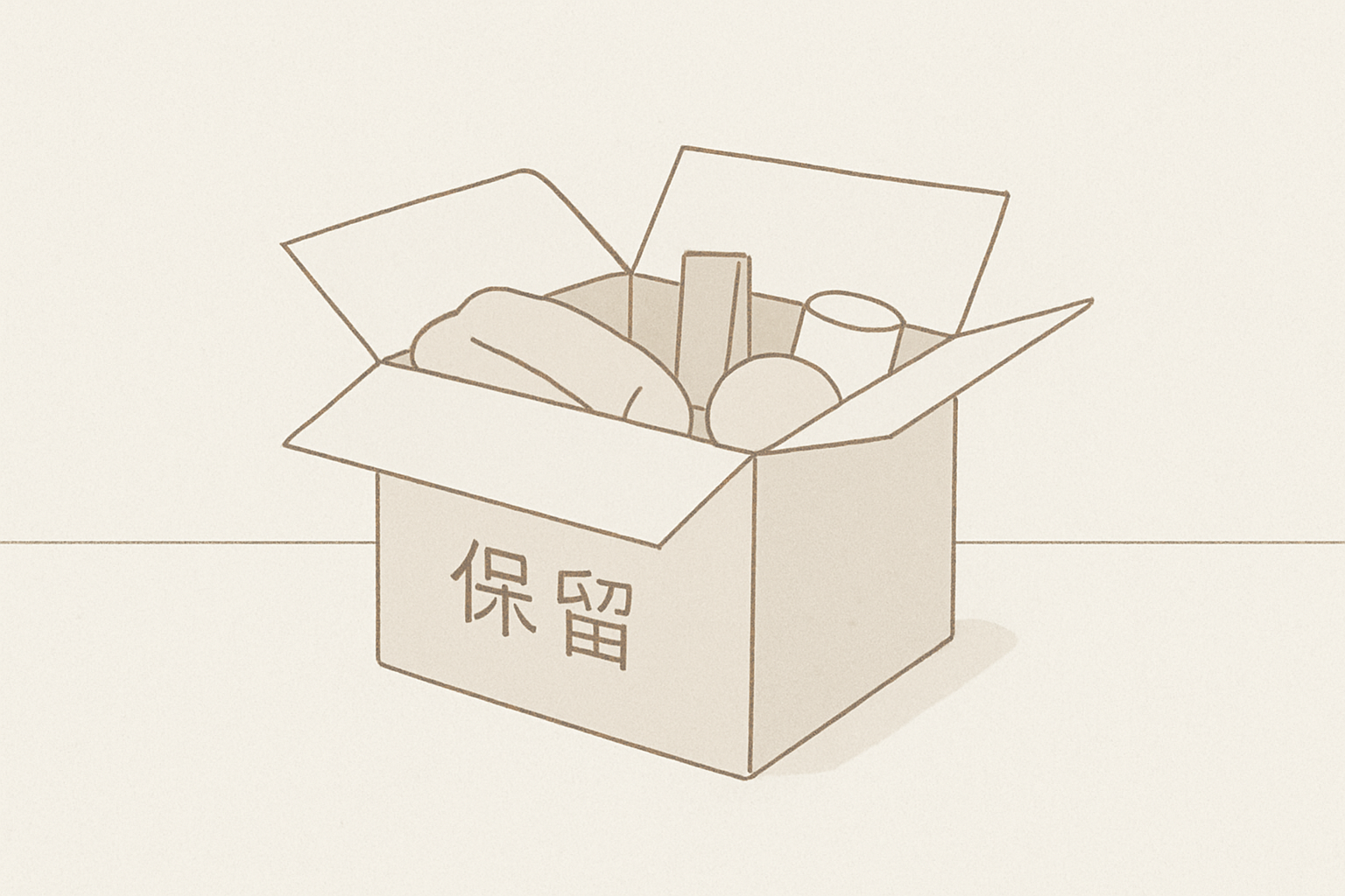 段ボール箱に「保留」と書いて物を一時的に入れているイメージ