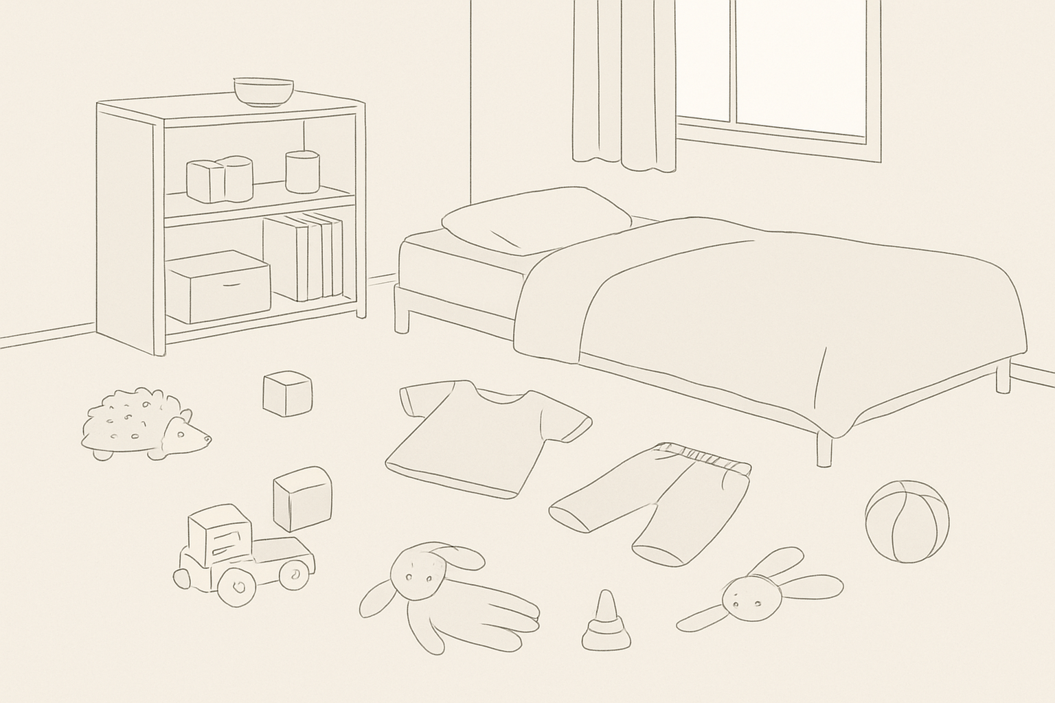 子ども部屋の床におもちゃや服が置かれている様子
