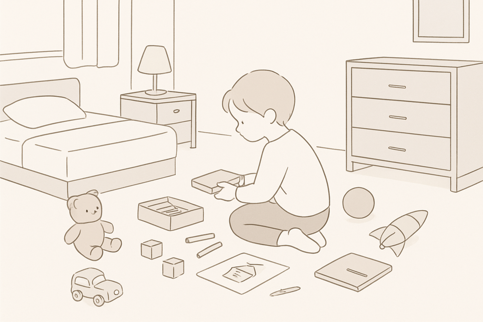 子ども部屋の床におもちゃや学用品を広げて仕分けしている様子