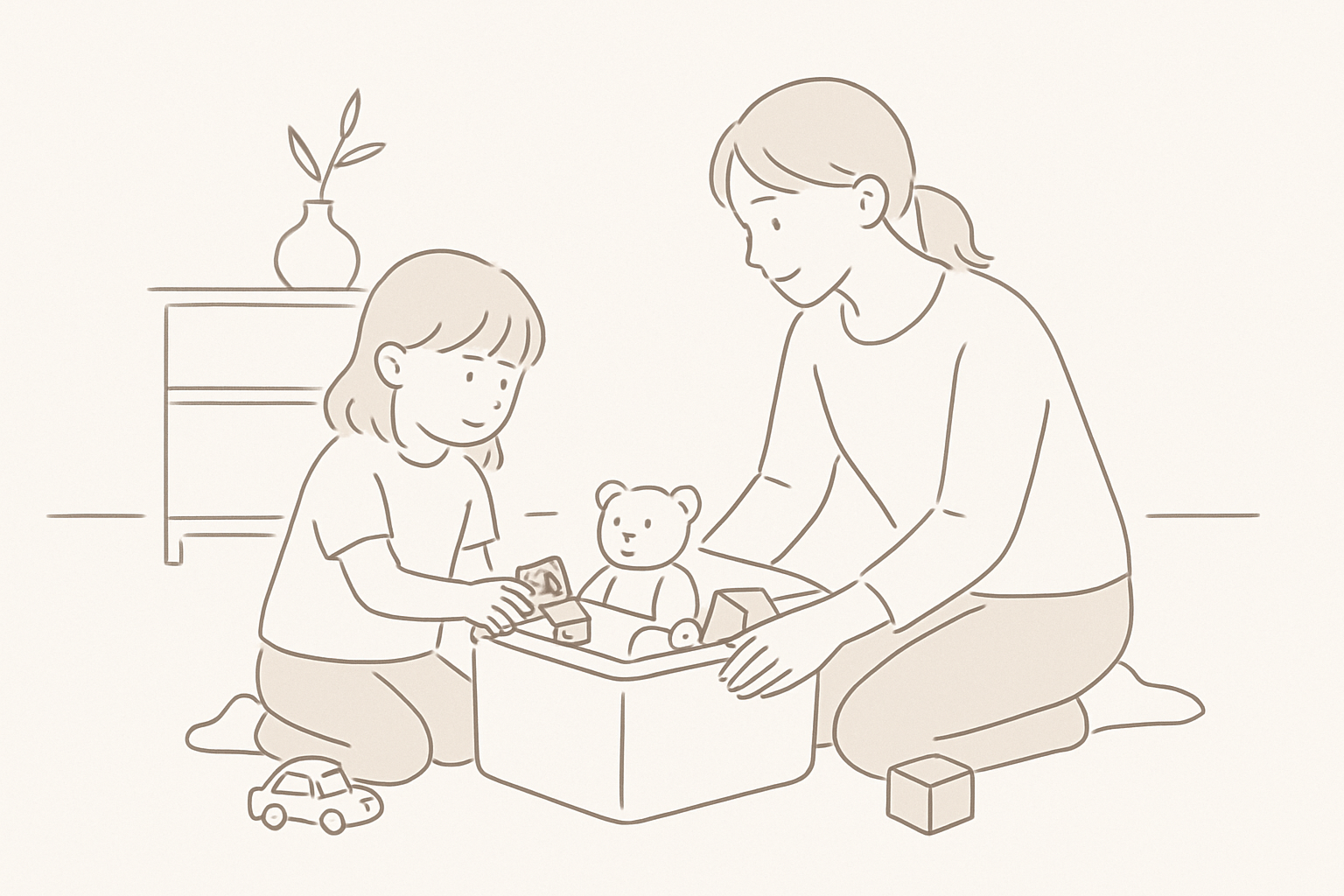 親子で一緒におもちゃを片付けているイメージ(ナチュラルライン風)