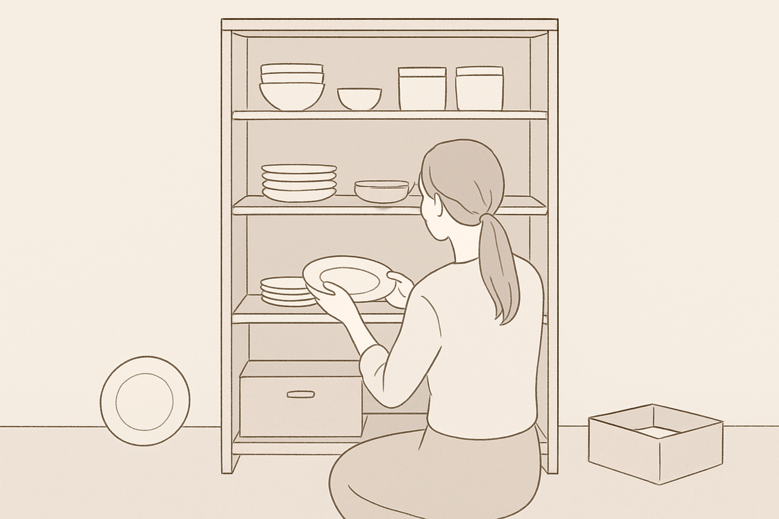 食器棚を整理して適正枚数に減らす様子